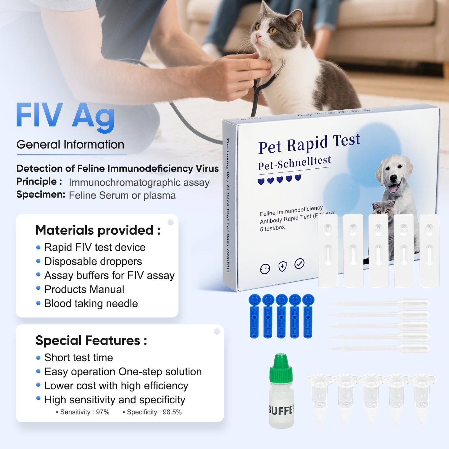 Rapid FIV Ab Test Kit for Cats – 5-10 Min Home Detection of Feline Immunodeficiency Virus Antibody, Easy Blood Sample (Serum/Plasma), Reliable Lateral Flow Assay, for All Breeds & Ages, In-Vitro Veterinary Use