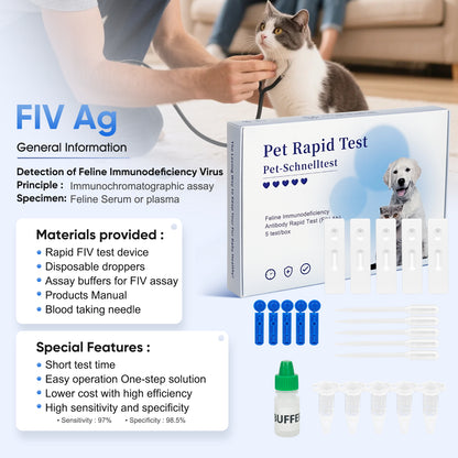 Rapid FIV Ab Test Kit for Cats – 5-10 Min Home Detection of Feline Immunodeficiency Virus Antibody, Easy Blood Sample (Serum/Plasma), Reliable Lateral Flow Assay, for All Breeds & Ages, In-Vitro Veterinary Use