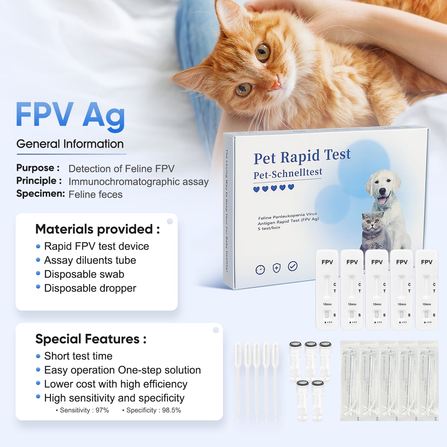 PawsXfun Feline Panleukopenia Virus Test Kit: Quick 5 Min Cat FPV Home Detection In Feces. Non-Invasive, Accurate For All Breeds & Ages