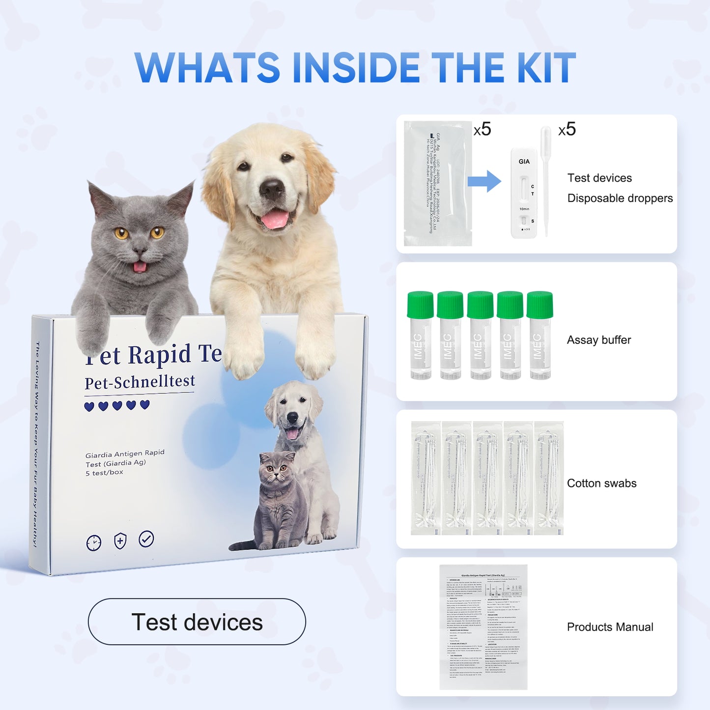 PawsXfun Giardia Test Kit: 5-Piece Home Detection For Dogs & Cats - Fast 5 Min Results From Feces/Vomit, Accurate For All Breeds & Ages